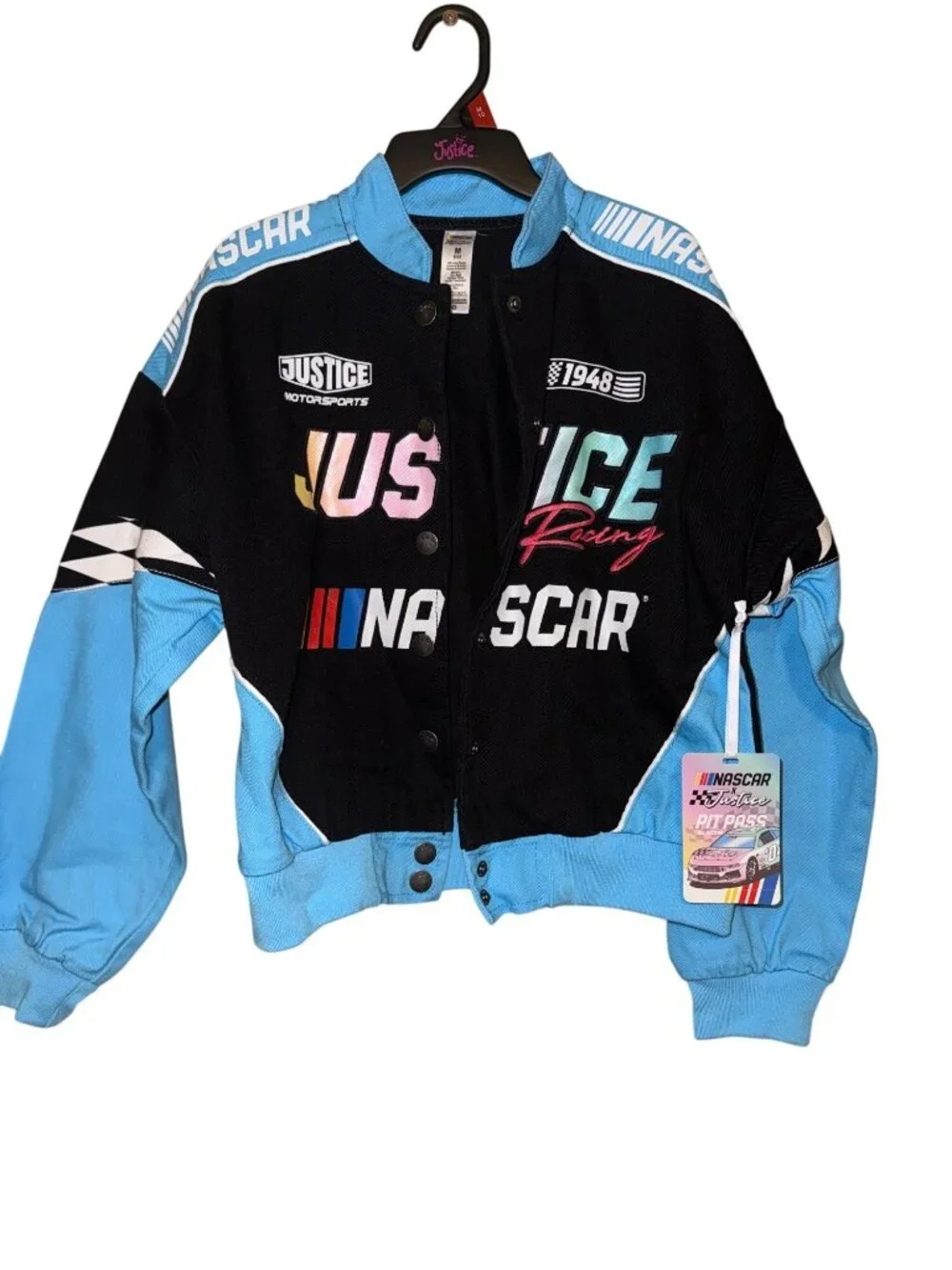 NASCAR X Justice Girls Racing Jacket Medium Black & Light Blue Cotton Snap-Up